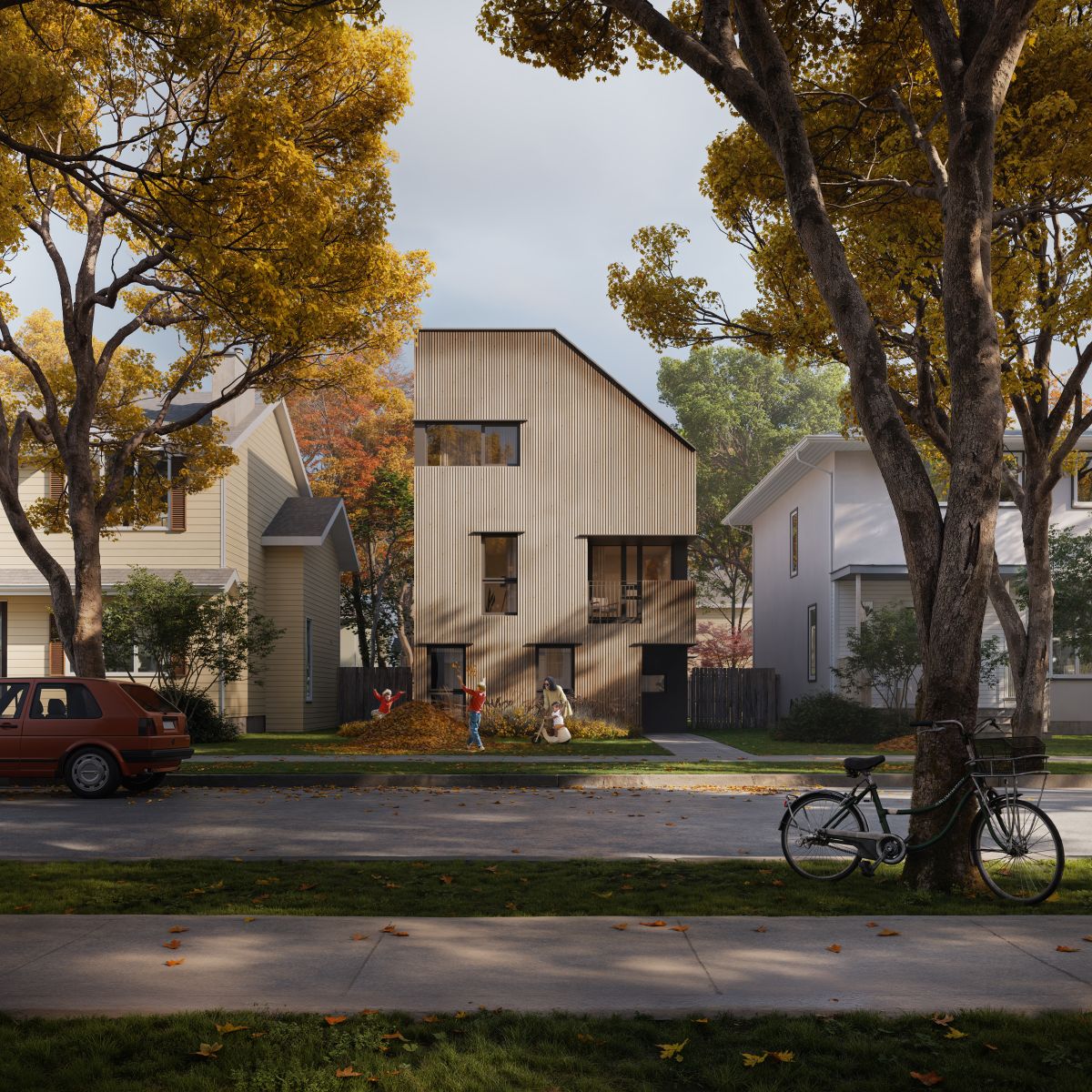 A 3D rendering of a three storey home in a autumn neighbourhood. The exterior features light wood cladding, clean lines, and large windows that bring in natural light. A private balcony on the second floor. 